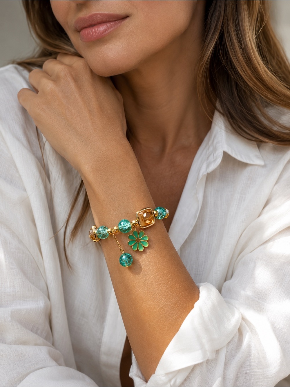 Gold Bracelet with Turquoise Beads and Flower Charm